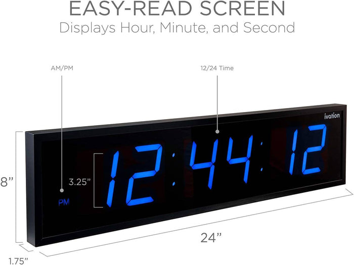 Ivation Large Digital LED Wall Clock | 8"x24" (3 Colors Available)