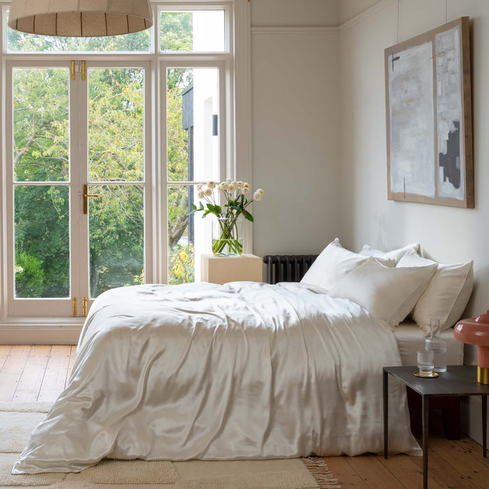 Ivory Pure Mulberry Silk Bedding & Bed Sheets in a styled bedroom 1 | Soak and Sleep