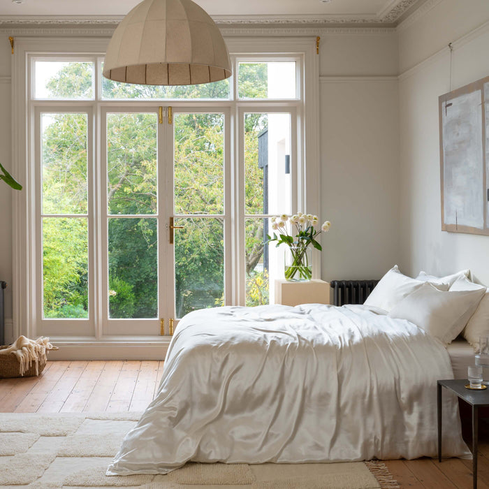 Ivory Pure Mulberry Silk Bedding & Bed Sheets in a styled bedroom 4 | Soak and Sleep