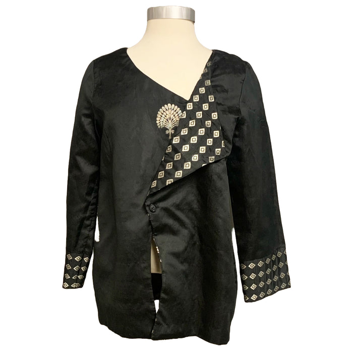 Long sleeve jacket made from upcycled Sari fabric in a floral and peacock motif.