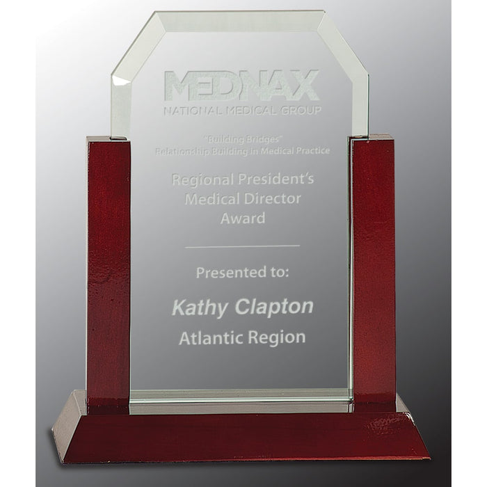 8" Jade Clip Corner Glass Award w/Rosewood Finish Base