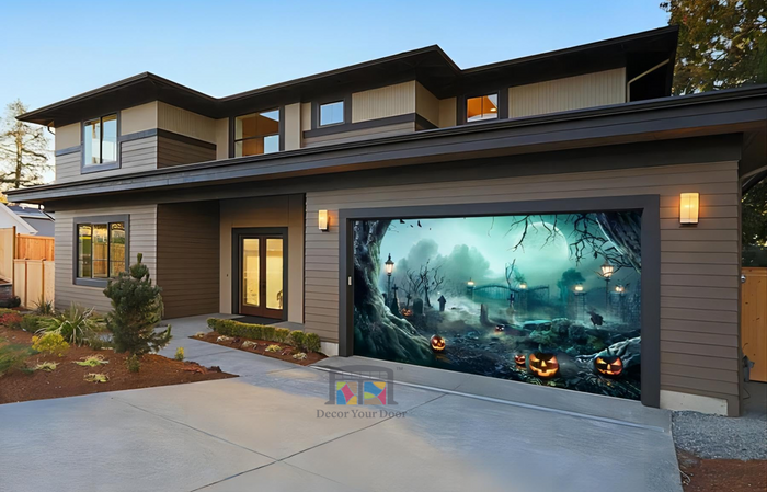 Lanterns In Graveyard In The Spooky Night Halloween Garage Door Cover Banner Backdrop