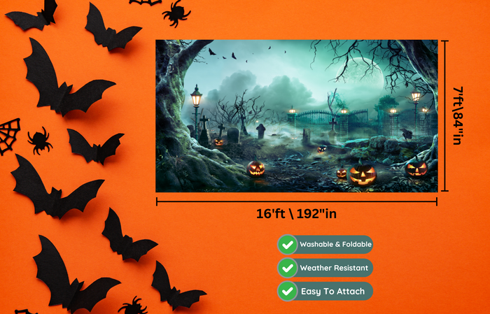 Lanterns In Graveyard In The Spooky Night Halloween Garage Door Cover Banner Backdrop