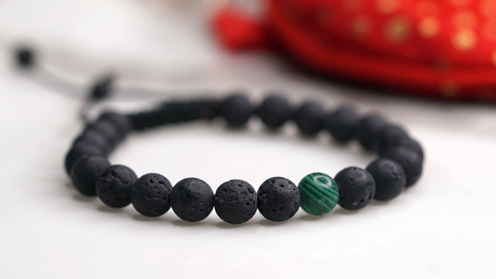 Lava Stone and Malachite Handmade Bracelet | Wrist Mala - Lucky Thanka