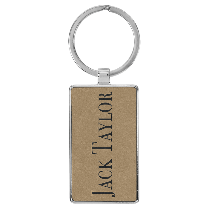 Leatherette/Metal Light Brown Rectangle Keychain