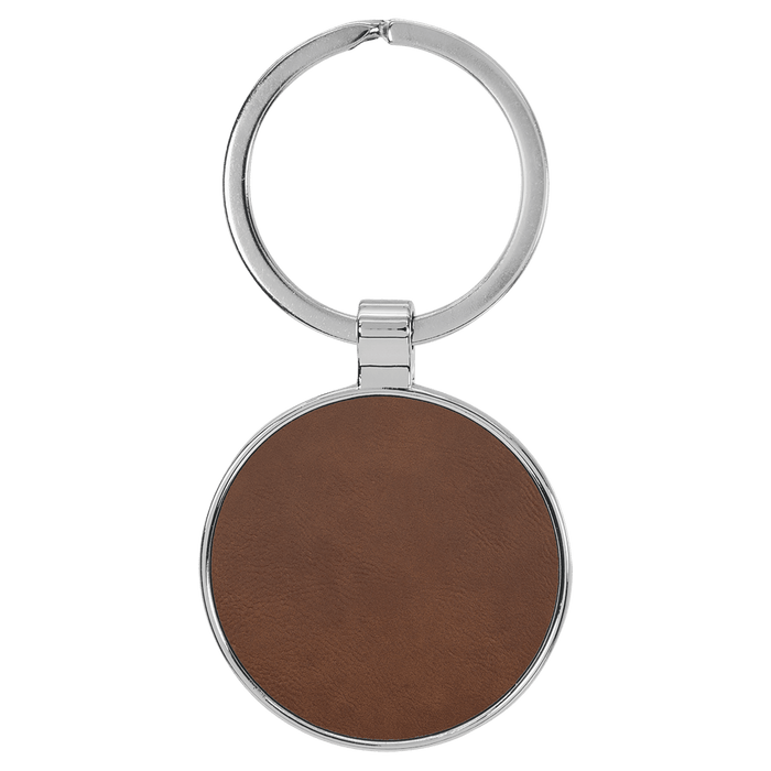 1.5" Leatherette/Metal Dark Brown Round Keychain