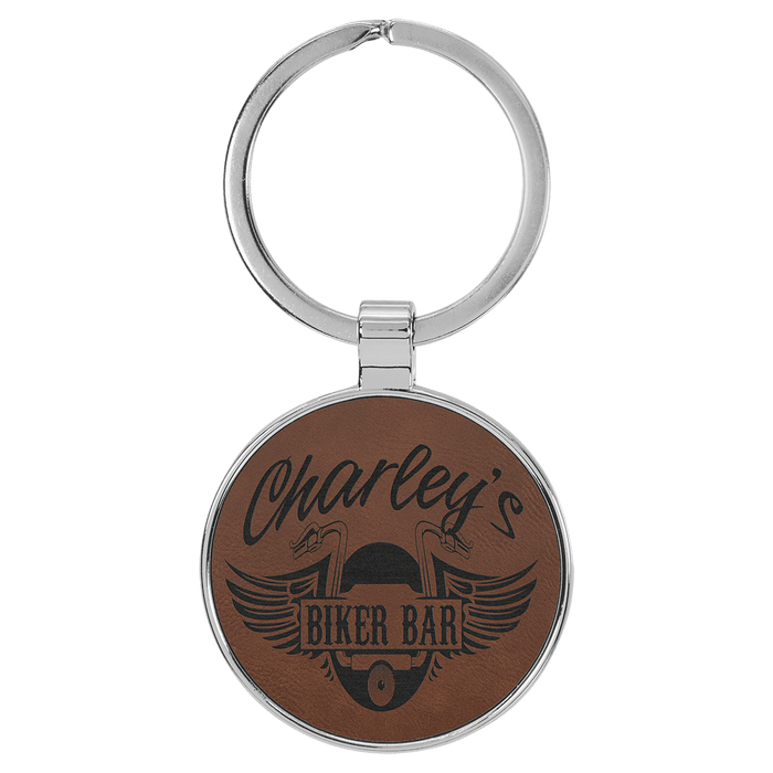 1.5" Leatherette/Metal Dark Brown Round Keychain