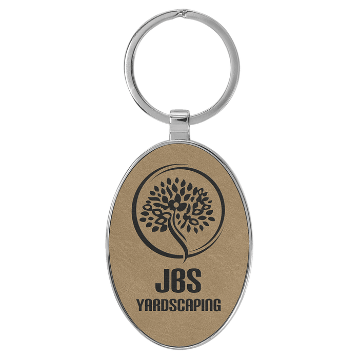 3" x 1.75" Leatherette/Metal Light Brown Oval Keychain