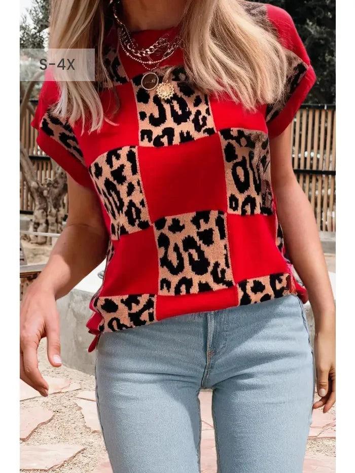 Leopard Checkerboard Short Sleeve Sweater