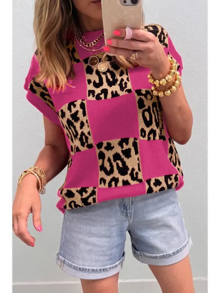 Leopard Checkerboard Short Sleeve Sweater