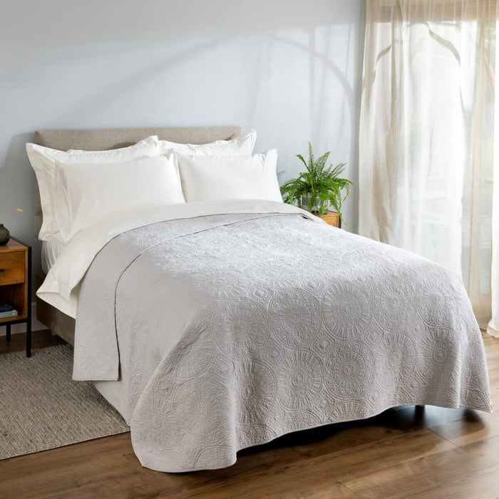 Light Stone Quilted Cotton Bedspread - summer, close-up detail 1 | Soak and Sleep