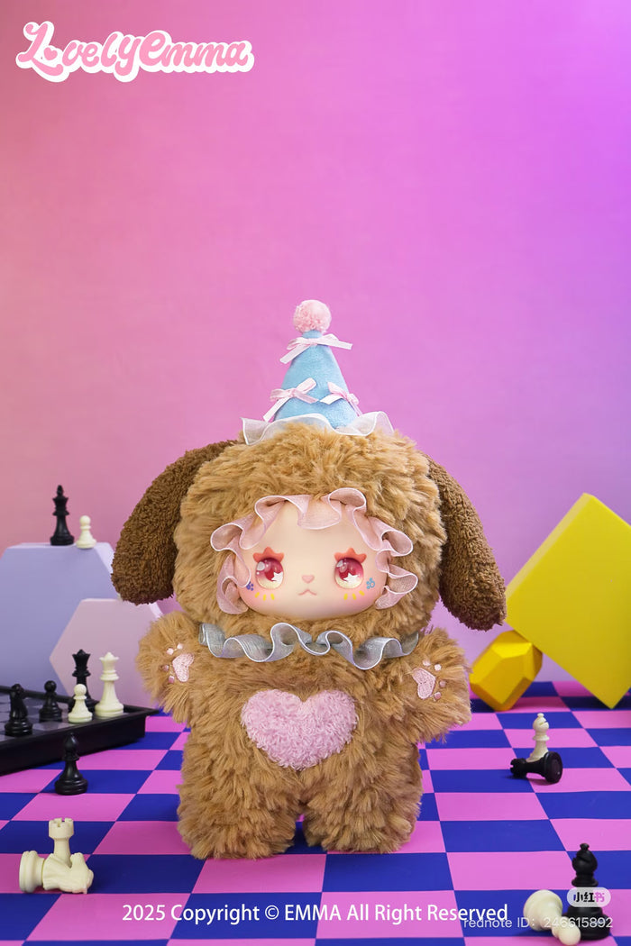 Lovely Emma: Funky Party Plush Blind Box features a cartoon-style stuffed animal in a garment, part of a collectible series with regular and secret designs.