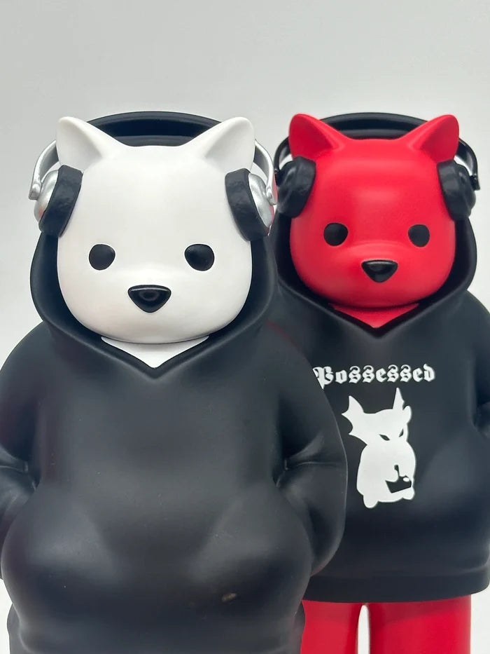 Two vinyl figures, Low Fidelity - The Devil Likes Lofi by Luke Chueh, feature animal heads, hooded sweatshirts, and headphones, embodying solitude and nature-themed artistry.