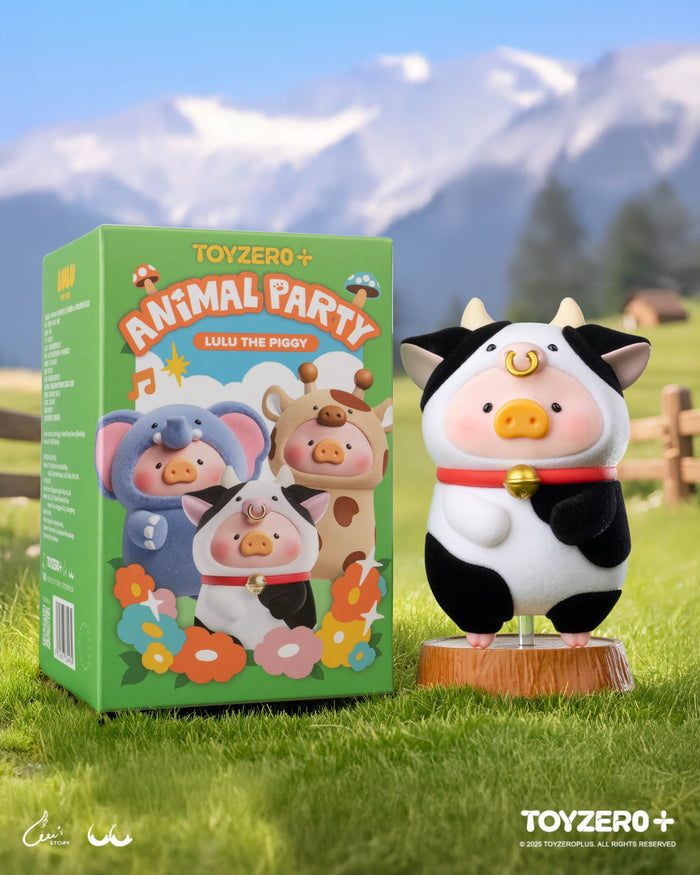 LuLu the Piggy - Animal Party Series Blind Box, preorder item featuring charming animal figures on a wooden stage, part of a unique collectible set.