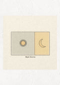 A square digital art print of a sun and moon in boxes, small text underneath image reads "Maybe tomorrow".