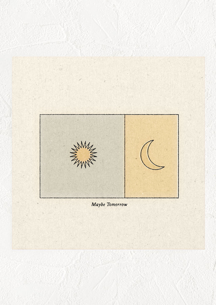 A square digital art print of a sun and moon in boxes, small text underneath image reads "Maybe tomorrow".