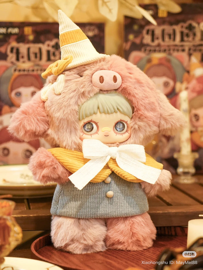 Maymei 400% Forgotten Funfair Plush Keychain Blind Box features a kawaii doll in a pink animal-hooded outfit with mint-green bangs and whimsical accessories.