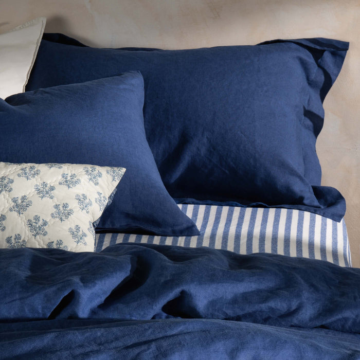 Mediterranean Blue French Linen Bedding and Bed Sheets close-up detail 3 | Soak and Sleep