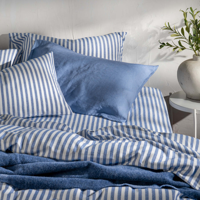 Mediterranean Blue Herringbone Stripe Cotton Bedding and Bed Sheets - linen, breathable, styled in a bedroom 2 | Soak and Sleep