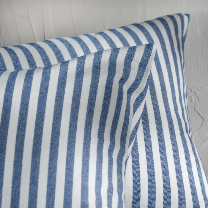 Mediterranean Blue Herringbone Stripe Cotton Pillowcases bedroom detail | Soak and Sleep