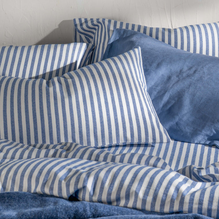 Mediterranean Blue Herringbone Stripe Cotton Pillowcases close-up detail | Soak and Sleep