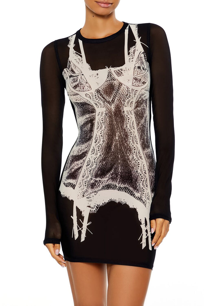Mesh Garter Graphic Mini Dress