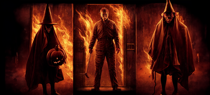 Michael Myers at the Burning Entrance Garage Door Cover Banner Wrap (Style 2)