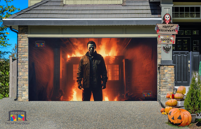 Michael Myers in the Garage Room with Fiery Flames Garage Door Cover Banner Wrap - Decor Your Door
