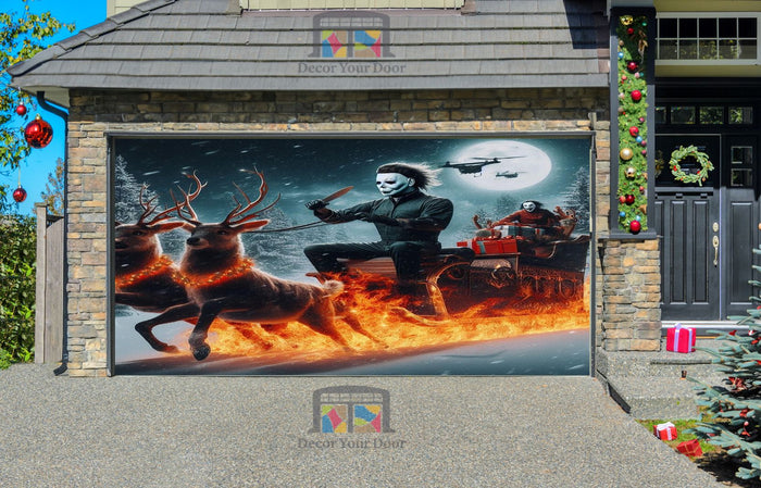 Michael Myers Riding On Sleigh Garage Door Wrap Cover Holiday Decoration