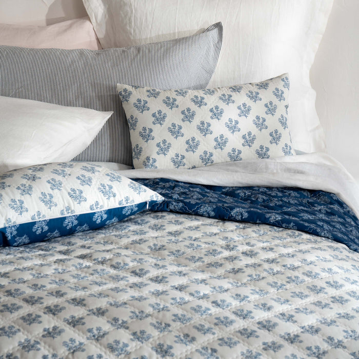 Midnight Blue Reversible Floral Print Bedspread - white, close-up detail 2 | Soak and Sleep