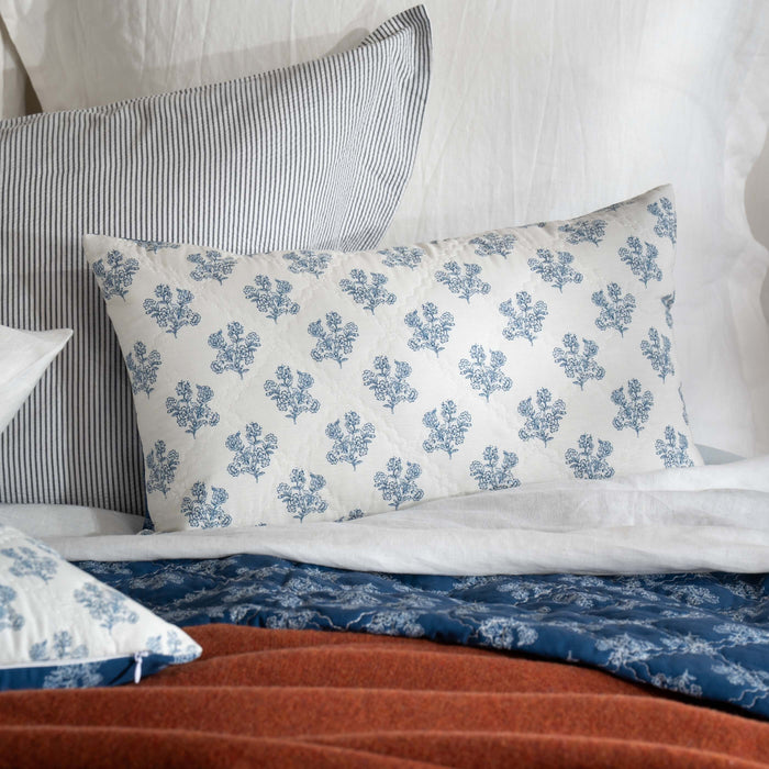 Midnight Blue Reversible Floral Print Bedspread - white, close-up detail 4 | Soak and Sleep