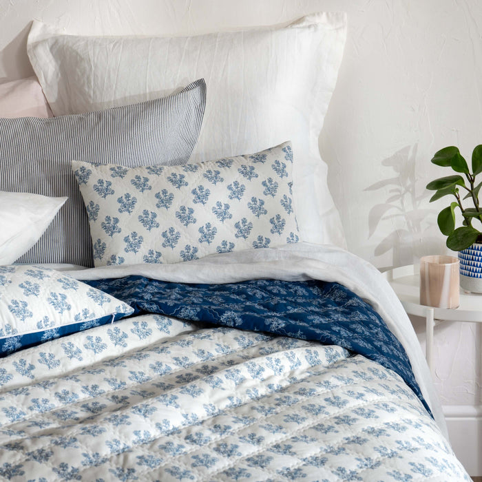 Midnight Blue Reversible Floral Print Cushion Cover - white, bedroom detail | Soak and Sleep