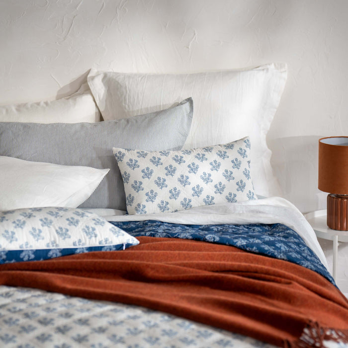Midnight Blue Reversible Floral Print Cushion Cover - white, close-up detail 3 | Soak and Sleep