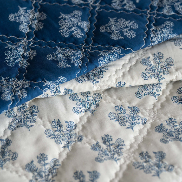 Midnight Blue Reversible Floral Print Cushion Cover - white, close-up detail 4 | Soak and Sleep