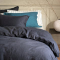 Midnight Grey French Linen Duvet Cover in a styled bedroom 1 | Soak and Sleep