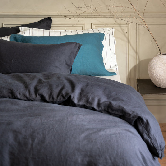 Midnight Grey French Linen Duvet Cover in a styled bedroom 1 | Soak and Sleep