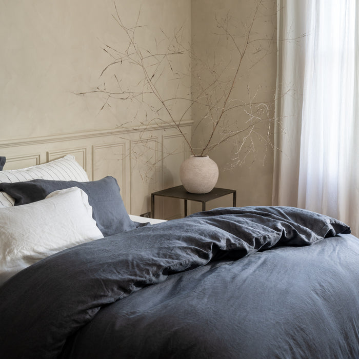 Midnight Grey French Linen Duvet Cover in a styled bedroom 2 | Soak and Sleep