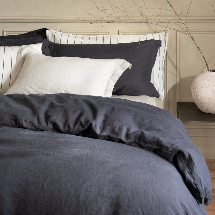 Midnight Grey French Linen Duvet Cover in a styled bedroom 3 | Soak and Sleep