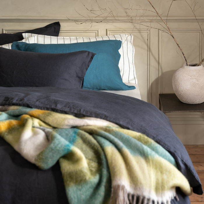 Midnight Grey French Linen Duvet Cover in a styled bedroom 4 | Soak and Sleep