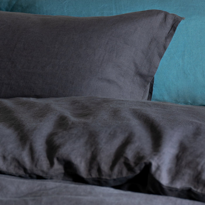 Midnight Grey French Linen Duvet Cover in a styled bedroom 5 | Soak and Sleep