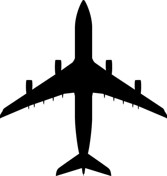 A black silhouette vector graphic of a four-engine commercial airplane viewed from directly above, centered on a plain white background.