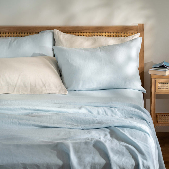 Mineral Blue French Linen 40cm Deep Fitted Sheets close-up detail 2 | Soak and Sleep