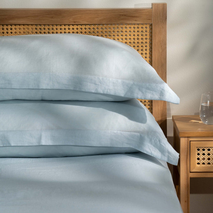 Mineral Blue French Linen 40cm Deep Fitted Sheets close-up detail 4 | Soak and Sleep