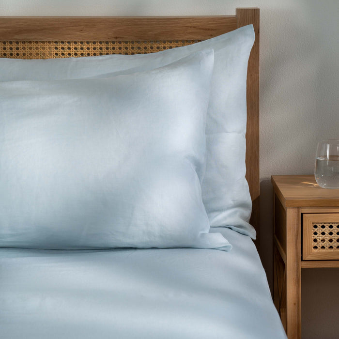Mineral Blue French Linen Pillowcases close-up detail 1 | Soak and Sleep