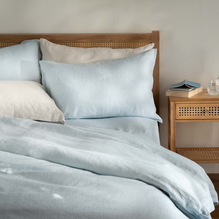 Mineral Blue French Linen Pillowcases bedroom detail | Soak and Sleep