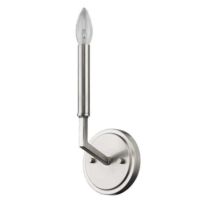 Front right angle view of the Minimalist Silver Wall Sconce with modern exposed bulb design in sleek polished finish