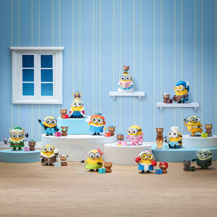 Minions Bedtime Stories by Bob and Tim Series Figures displayed in costumes with teddy-bears on podiums and shelves, featuring 12 designs with a potential secret figure.