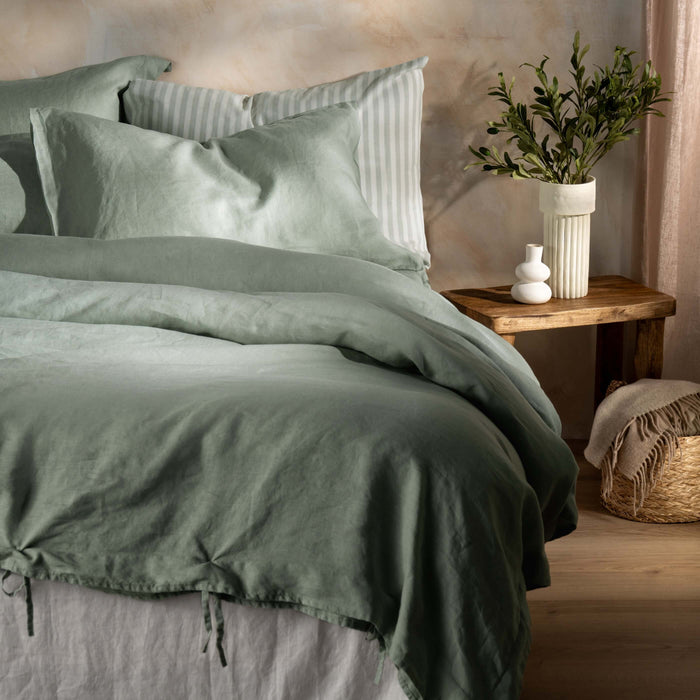 Misty Green French Linen Bedding and Bed Sheets - breathable, close-up detail 1 | Soak and Sleep
