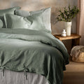 Misty Green French Linen Bedding and Bed Sheets - breathable, close-up detail 1 | Soak and Sleep