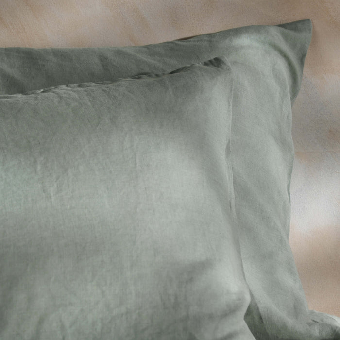 Misty Green French Linen Bedding and Bed Sheets - breathable, close-up detail 3 | Soak and Sleep